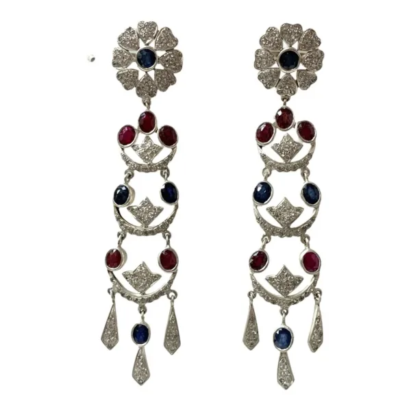 Ruby Sapphire Long Dangle Multi Stone Vintage Earrings