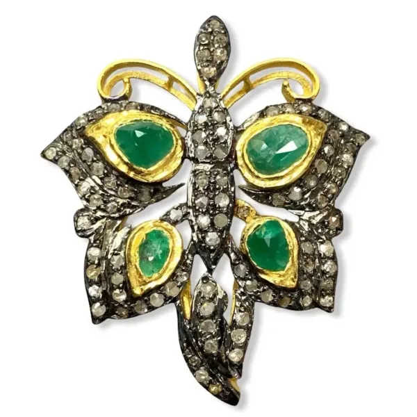 Emerald Butterfly Brooch 925 Silver Gold Plated Diamond Pin