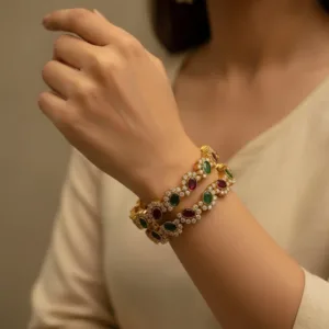 Vintage Gold Plated Ruby Emerald CZ Oval Link Bracelet