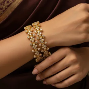 Luxury Gold Plated CZ Floral Bracelet Set Bangle Pair