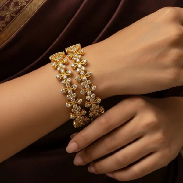 Luxury Gold Plated CZ Floral Bracelet Set Bangle Pair