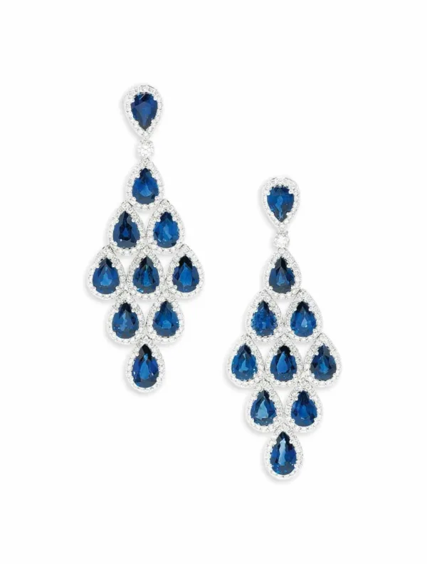 Blue Sapphire Chandelier Drop Earrings 925 Silver Teardrop Halo Bridal