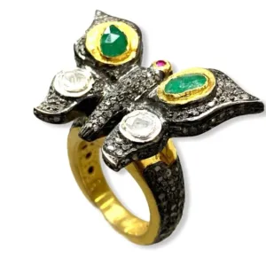 Emerald Diamond Bird 925 Silver Gold Plated Ring