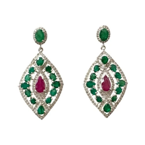Emerald Green & Ruby Red CZ Drop Dangle Earrings Silver