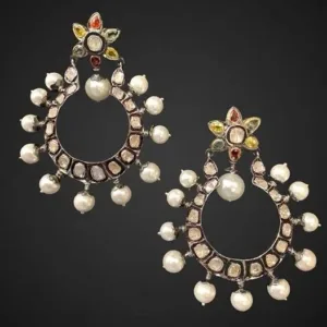 Pearl Drop Earrings Kundan Polki Style Gold Plated Bridal Ethnic