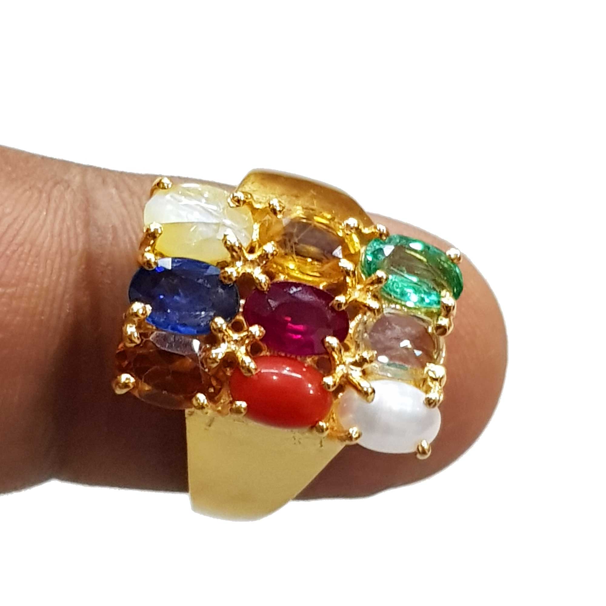 22K Gold Mens Navratna Ring - RiMs18448 - 22k Gold Navaratna ring for  Men's. Ring is designed with studded Precious stones (Ruby, Emerald, Sap