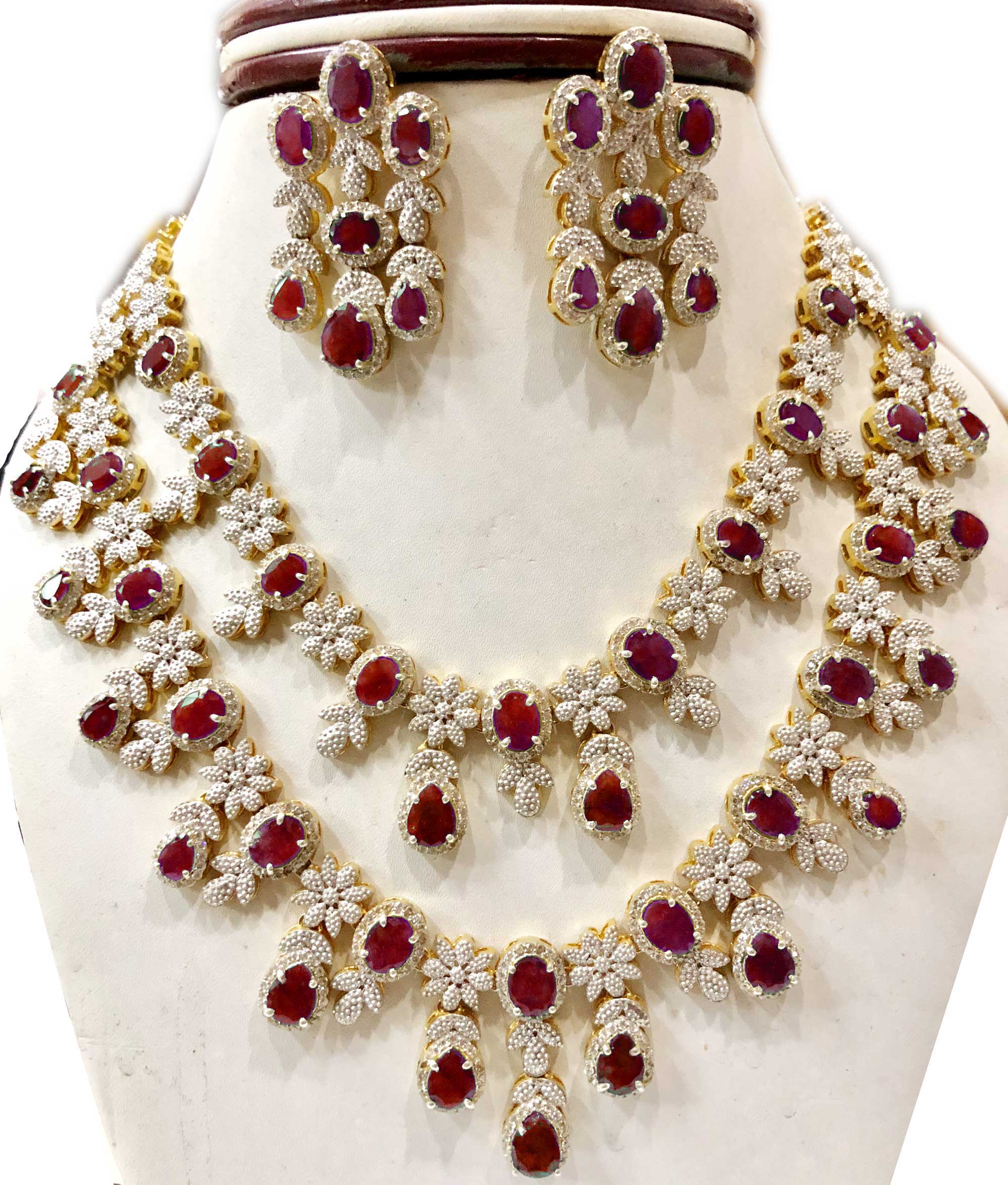 Bridal Ruby and White Topaz Necklace with Matching Earrings Gleam Jewels